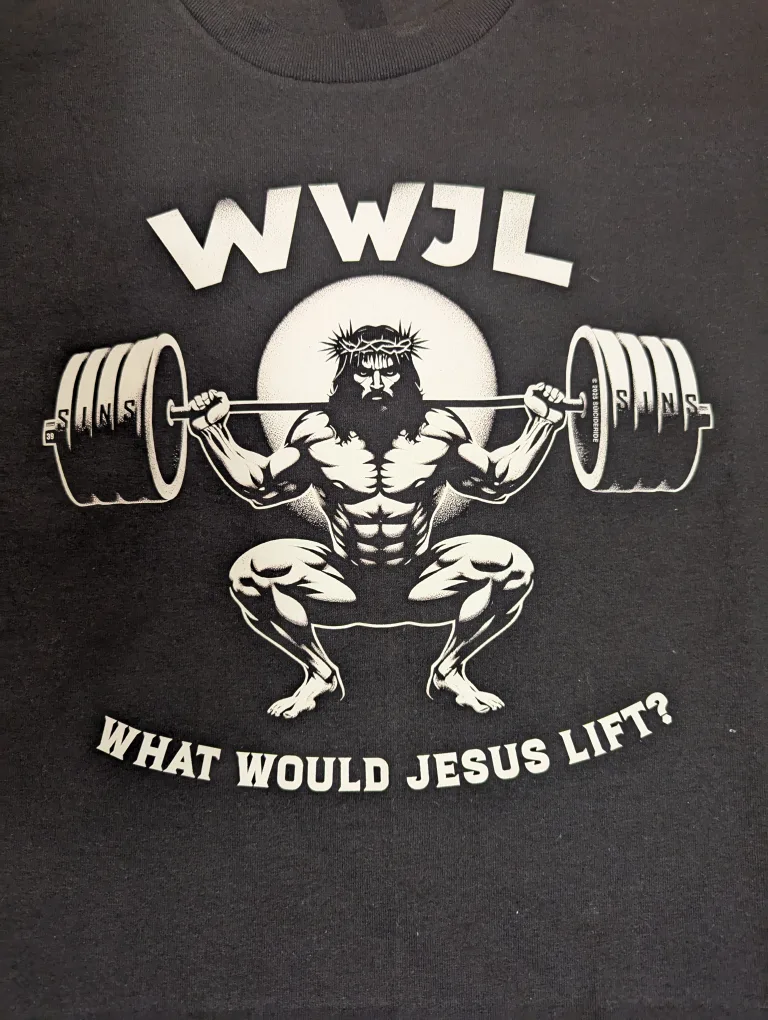 🔥NEW MENS LARGE T-shirt WWJL What Would Jesus Lift? Christian image indicator(3)