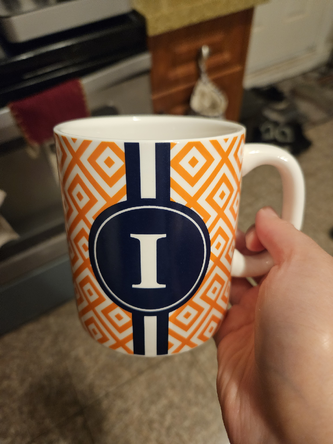 Orange & White Patterned Mug with 'I'