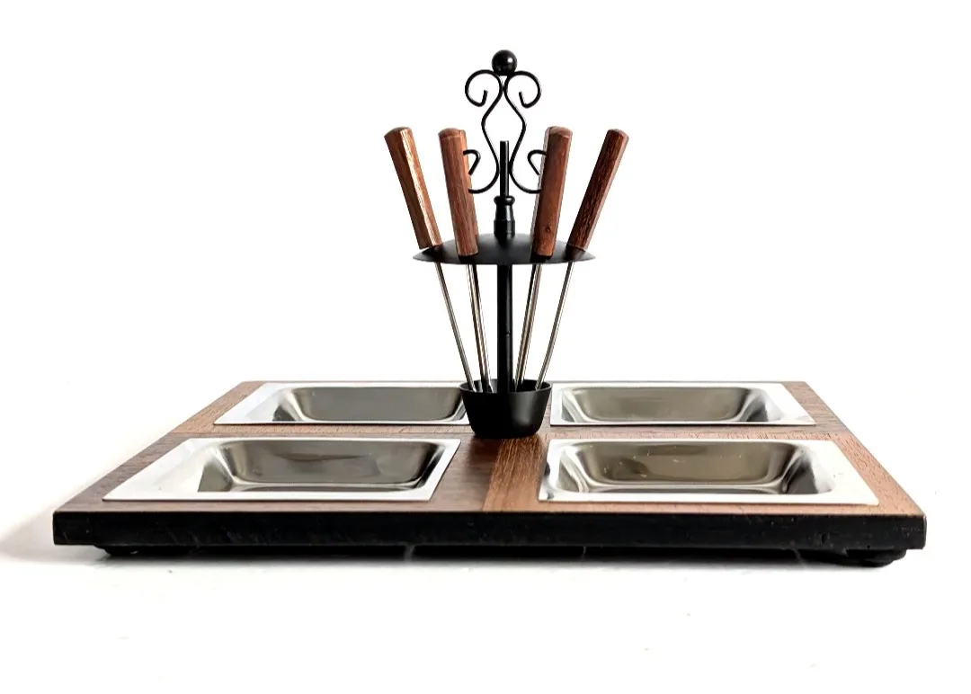 Vintage MCM Teak Style Cocktail Tray ~ Divided Relish Dish thumbnail