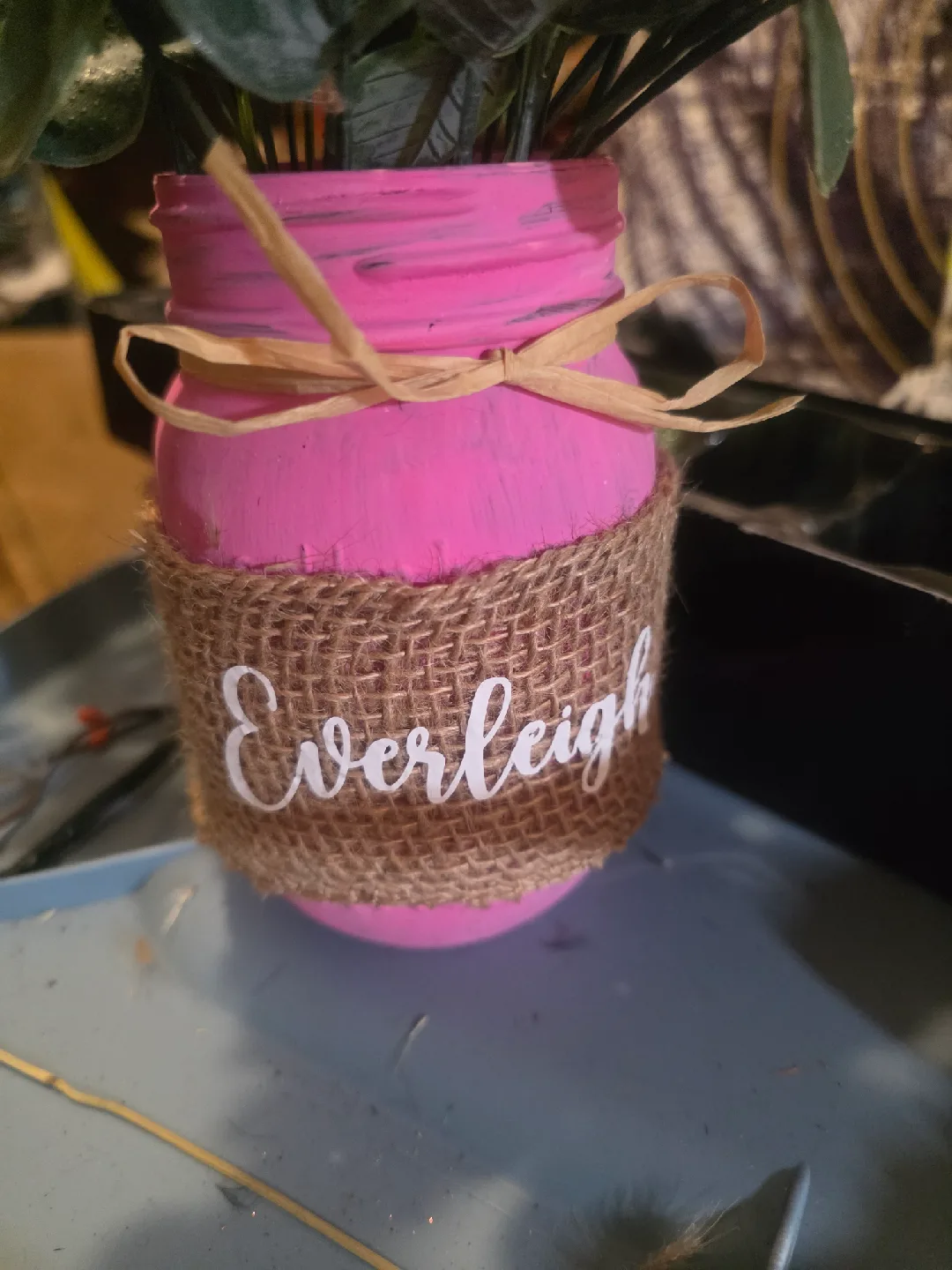 12.Pink Mason Jar with Burlap & Name thumbnail