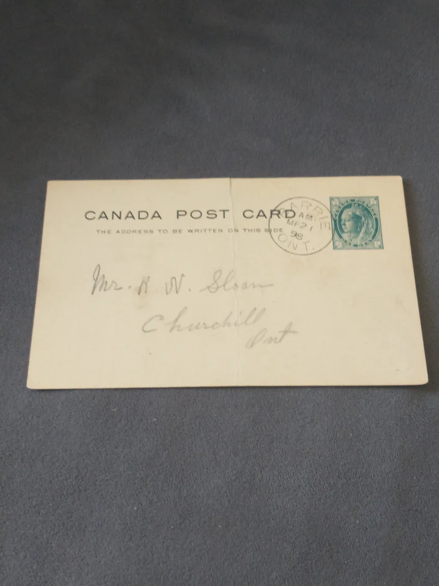 Amazing 1898 postal card mailed from Barrie to Churchill, ON thumbnail