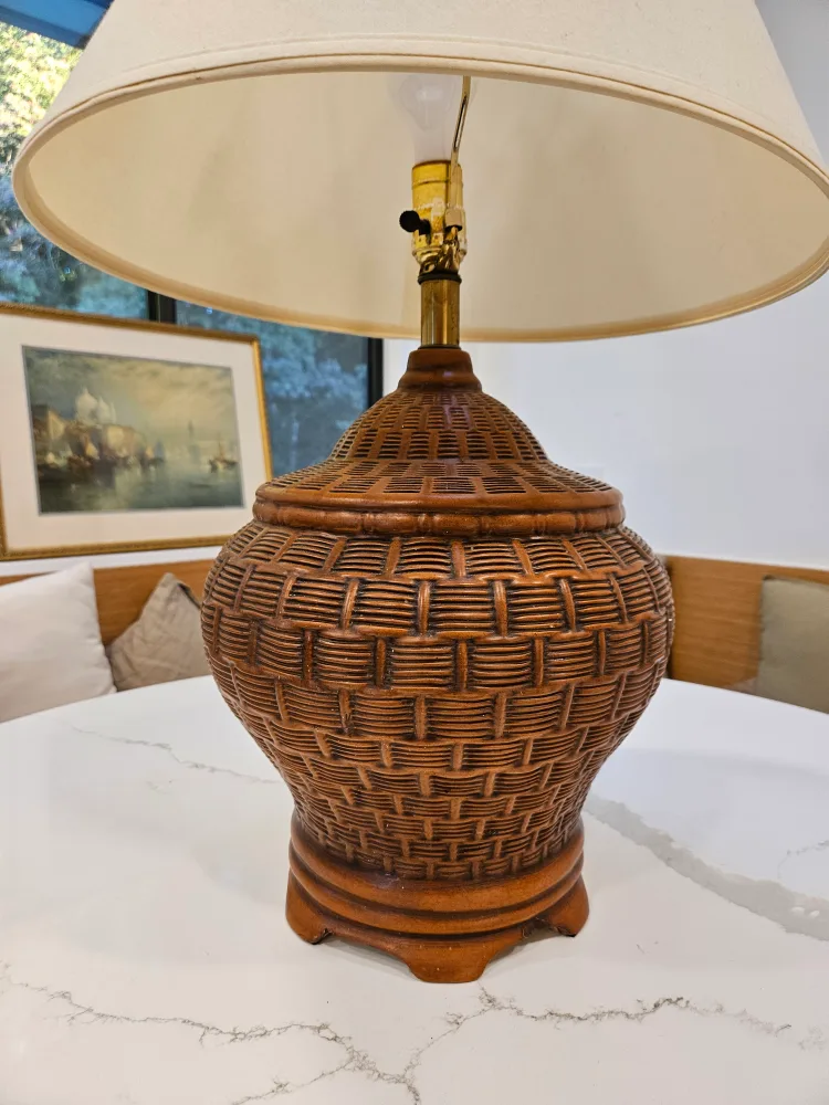 Large Ceramic Wicker Detail Vintage Table Lamp with Linen Shade image indicator(2)