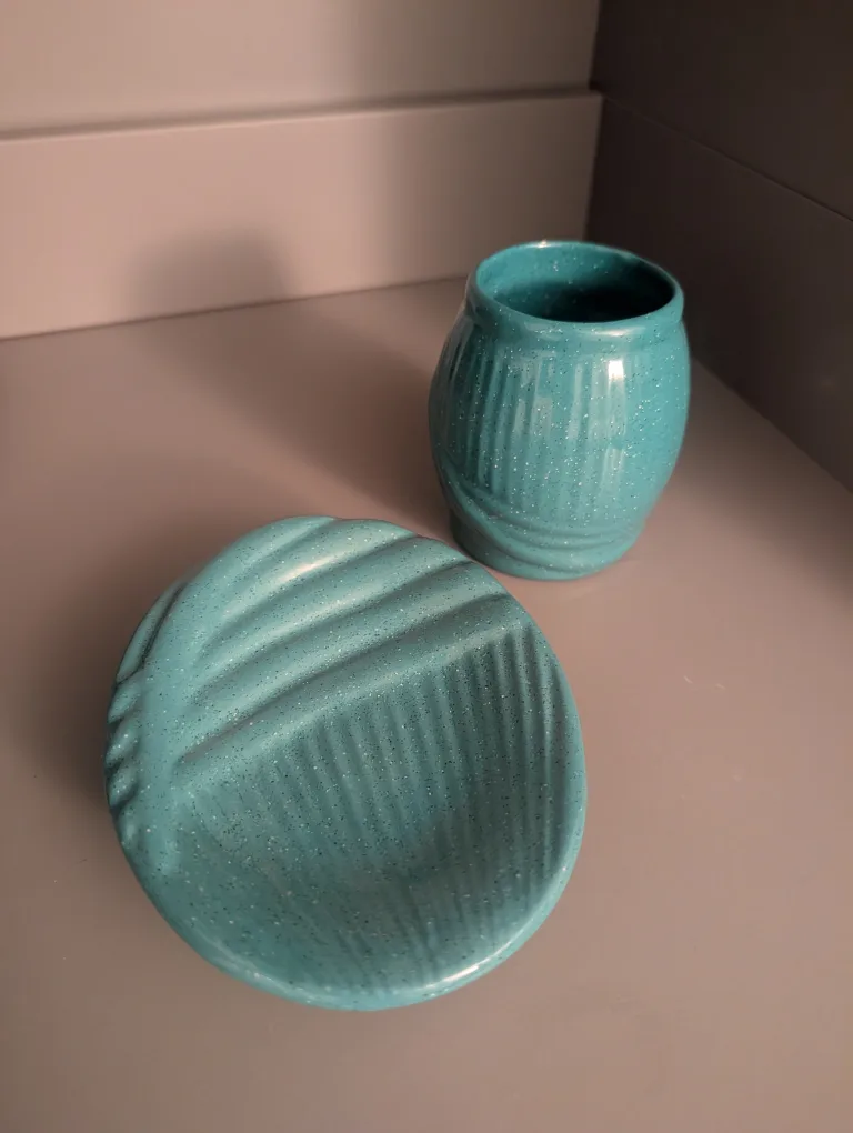 Teal Ceramic Soap Dish and Cup Set thumbnail