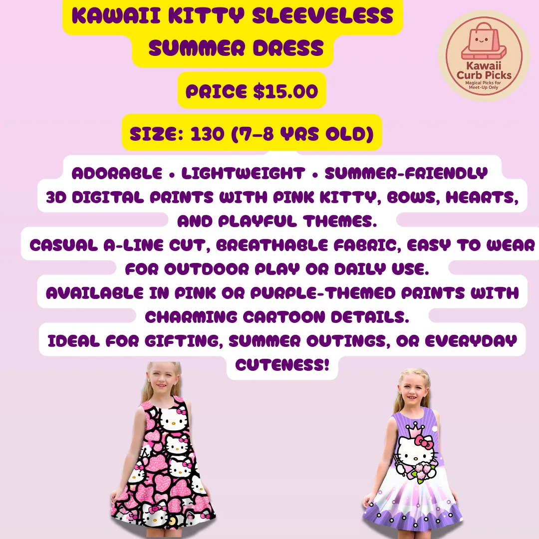 Kawaii Kitty Sleeveless Summer Dress - Size 130 (7-8 yrs) thumbnail