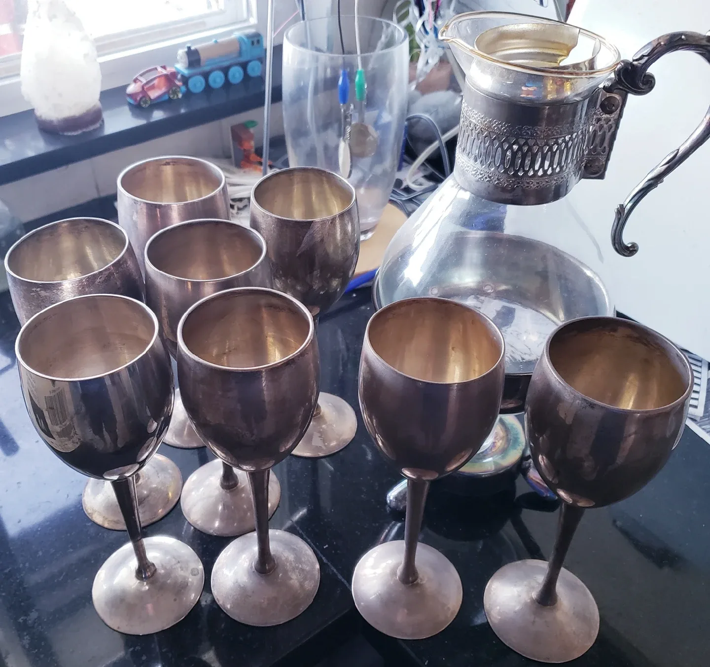 Silver Plated Wine Goblets and Glass Carafe image indicator(2)