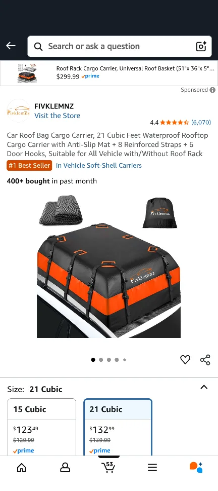 FIVKLEMNZ 21 Cubic Feet Waterproof Car Roof Bag thumbnail
