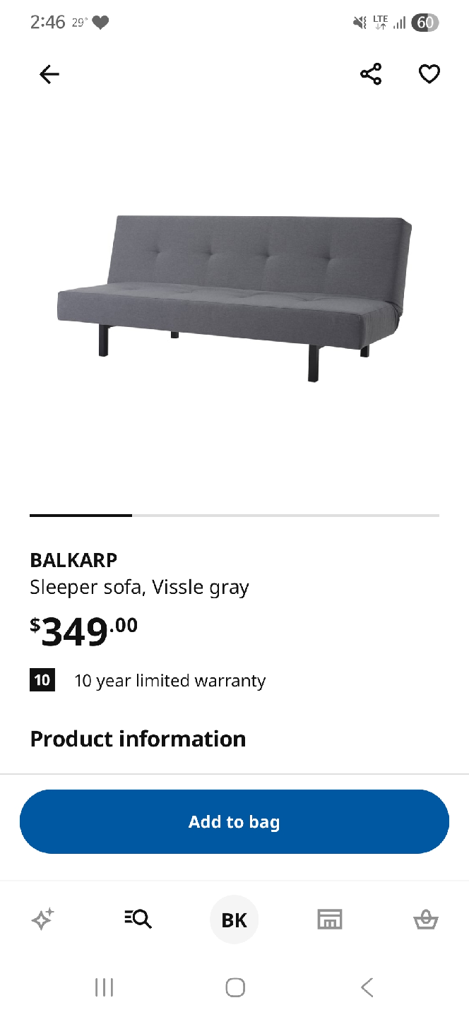 IKEA BALKARP Sleeper Sofa, Vissle Gray