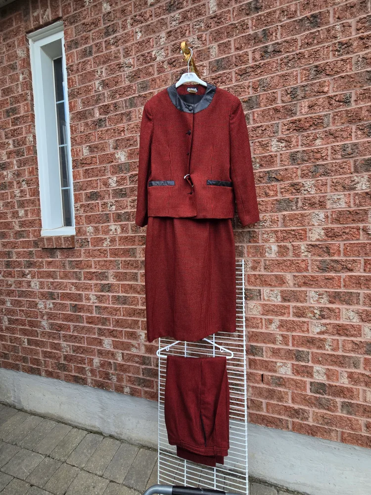 Women's Red Plaid 3-piece Wool Suit with Leather Trim thumbnail