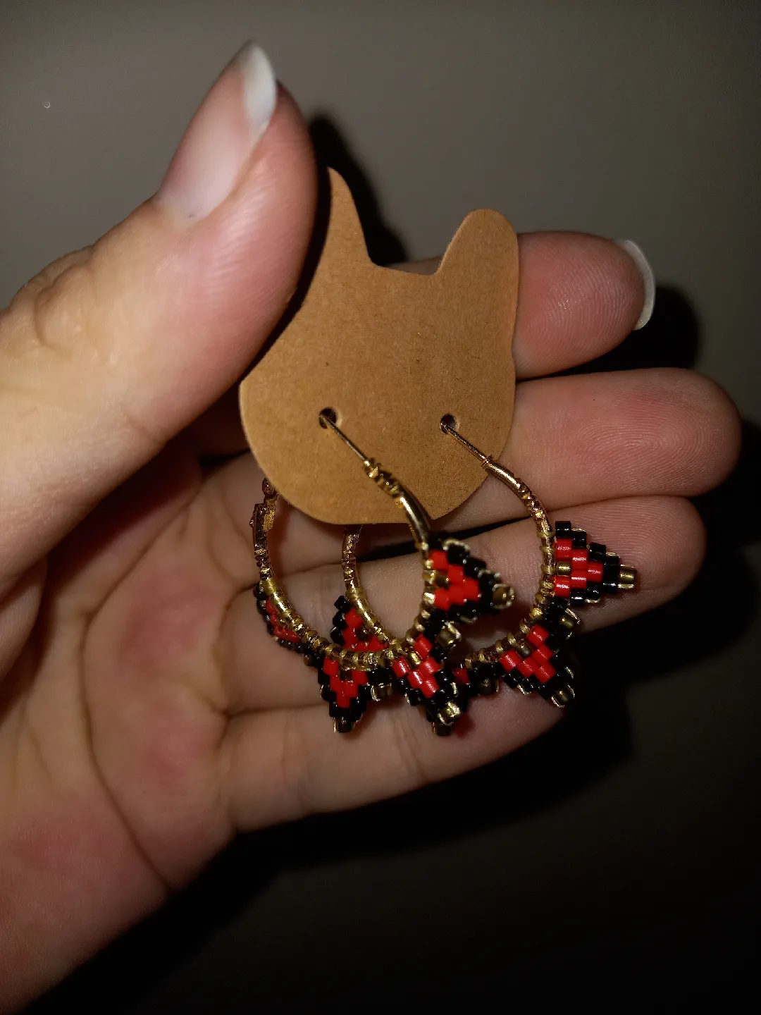 Handmade Beaded Hoop Earrings - Red, Black, Gold image indicator(2)