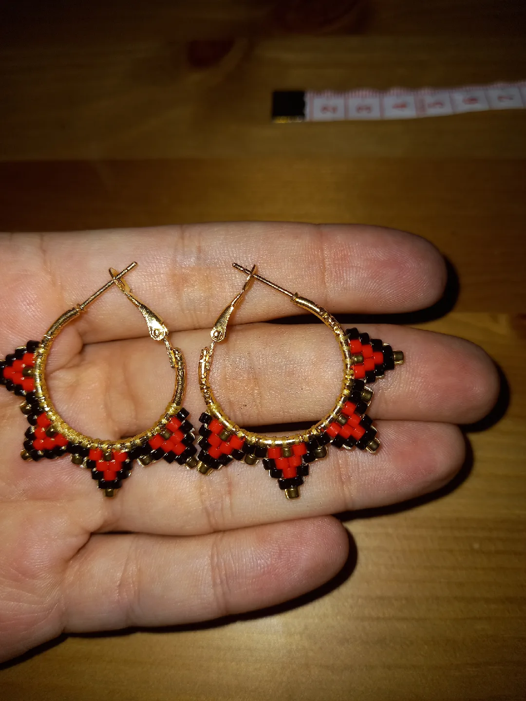 Handmade Beaded Hoop Earrings - Red, Black, Gold image indicator(3)