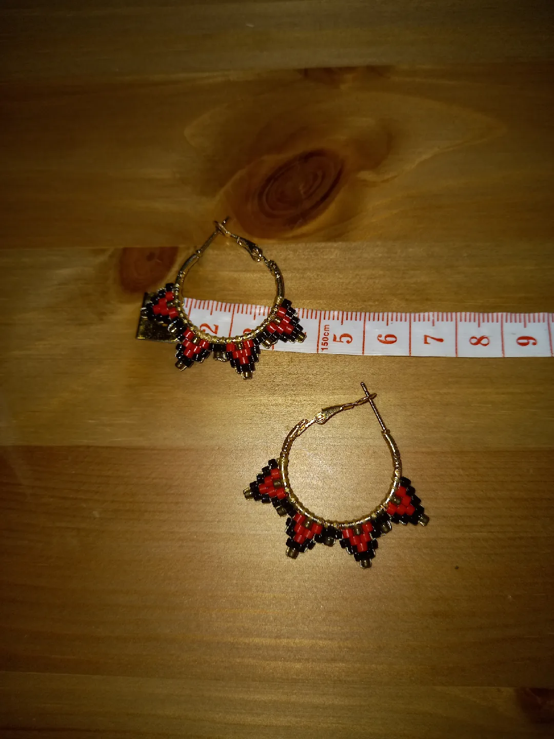 Handmade Beaded Hoop Earrings - Red, Black, Gold image indicator(4)