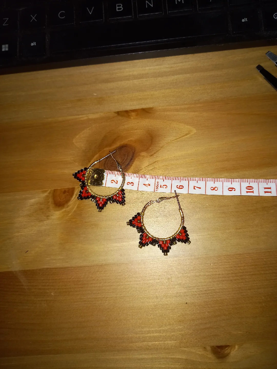 Handmade Beaded Hoop Earrings - Red, Black, Gold image indicator(5)