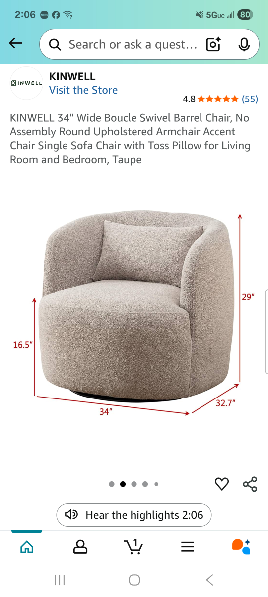 KINWELL Boucle Swivel Barrel Chair - Taupe - photo 2