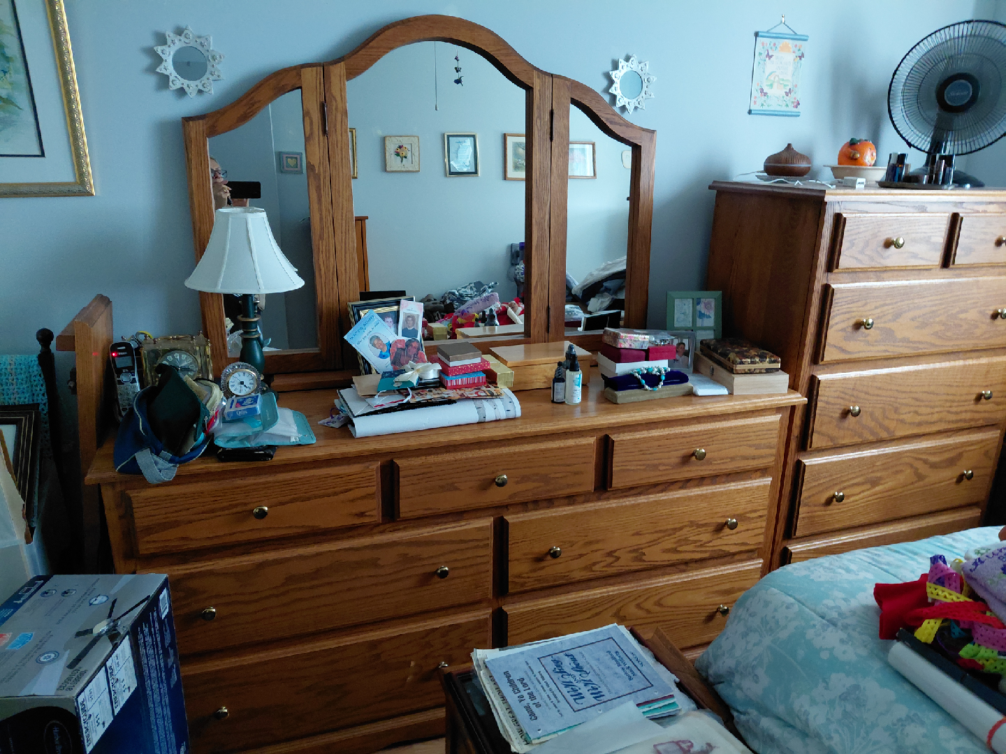Solid Oak Bedroom Set - Dresser, Mirror, Nightstands