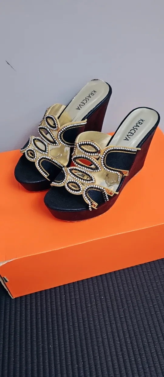 Krasceva Black & Gold Wedge Heels thumbnail
