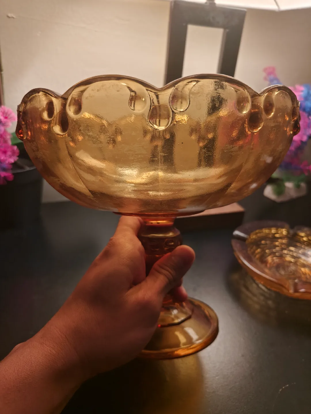 Vintage Amber Glass Compote Bowl & Ashtray image indicator(2)