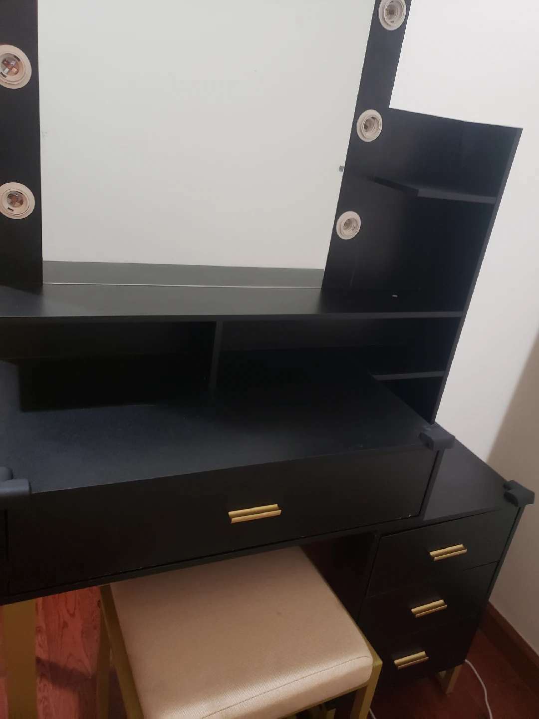 Black Vanity Makeup Table with Lighted Mirror & Stool