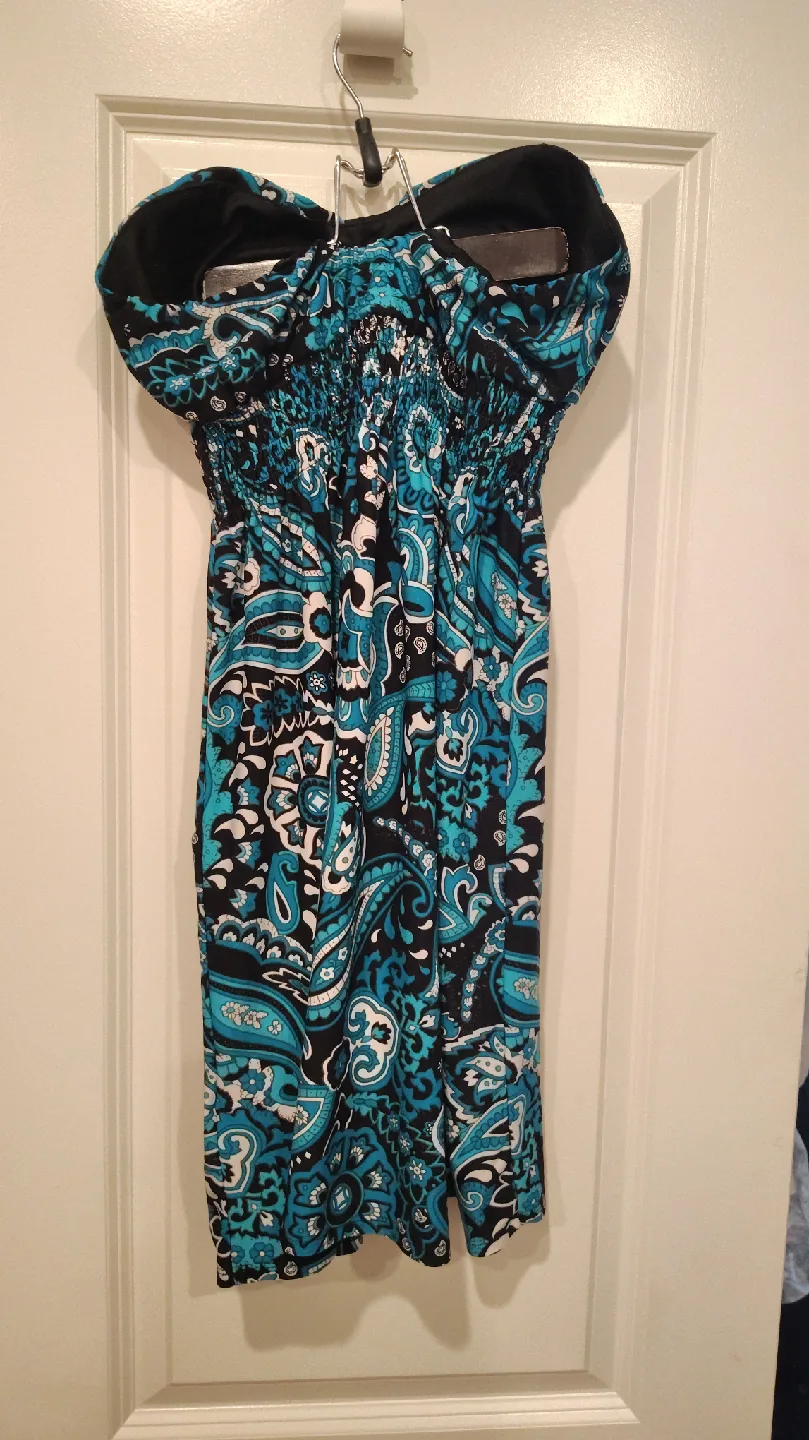 Majora Blue White & Black Paisley Strapless Dress image indicator(2)