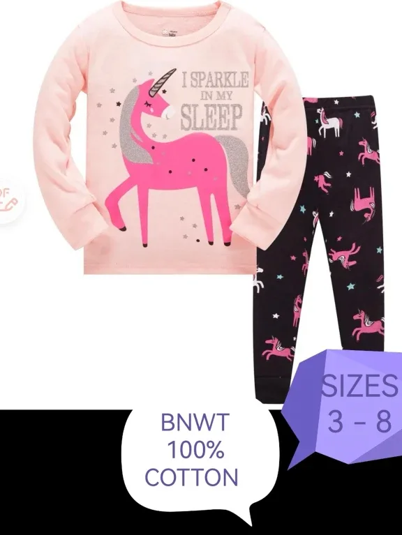 New Unicorn Cotton Pajama Set - Size 3-8 thumbnail