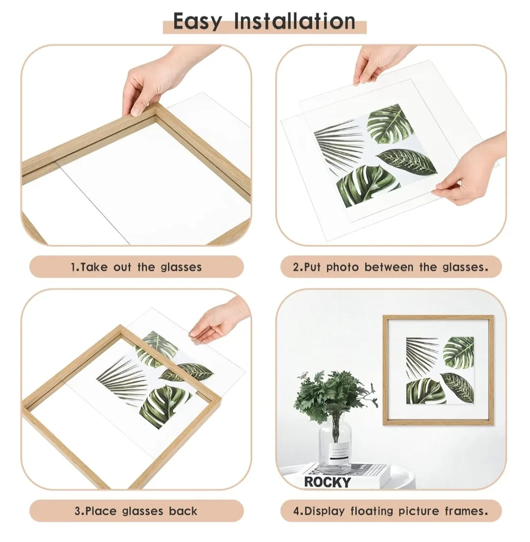 10x10 Floating Double Glass Square Natural Wook Photo Frame image indicator(6)