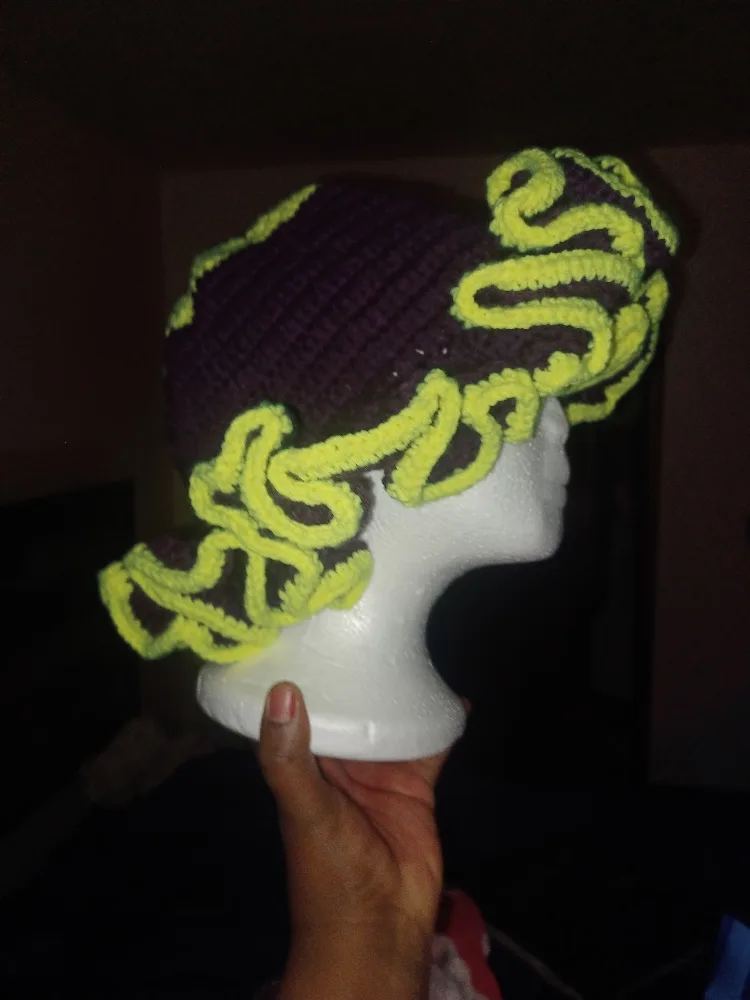 Crocheted Hat - Purple & Neon Yellow thumbnail
