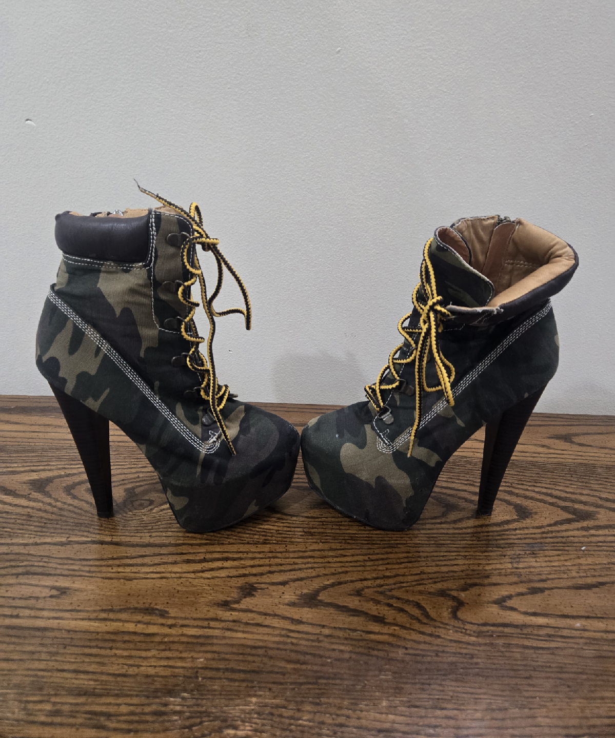 Camouflage Platform Heel Boots - Size 7.5