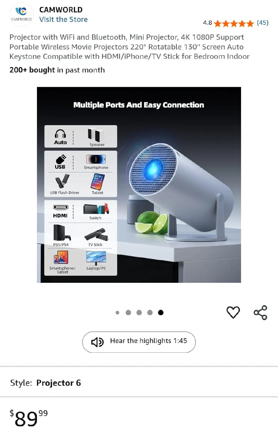 Mini Portable Projector with WiFi & Bluetooth, 4K 1080P Support