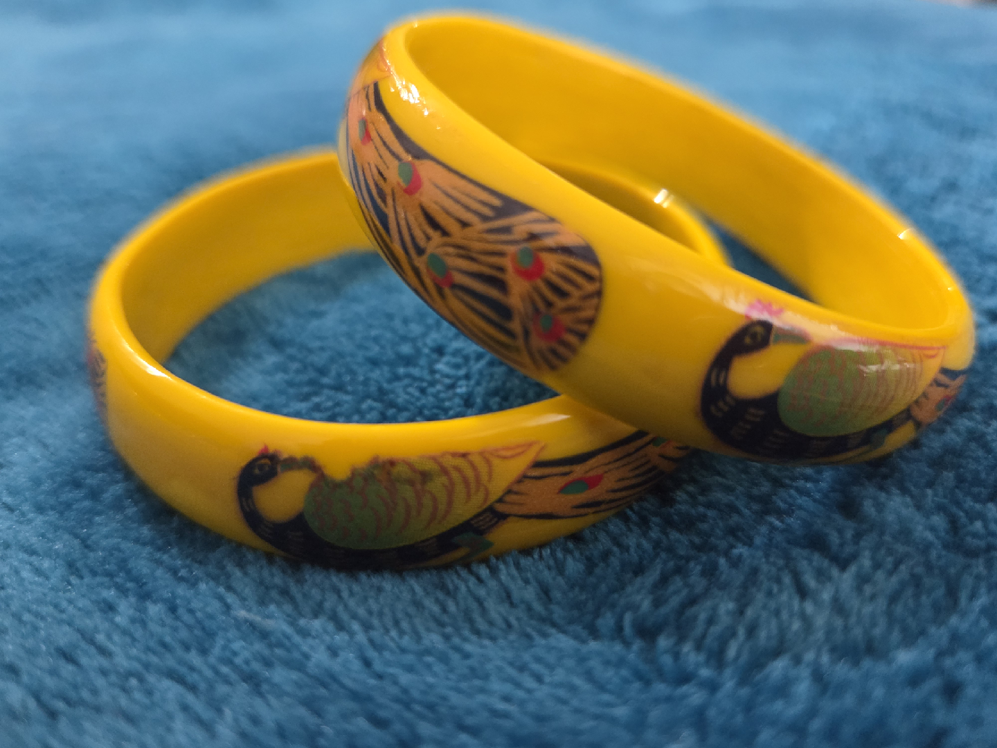 Yellow Bangle Bracelets with Peacock Design
