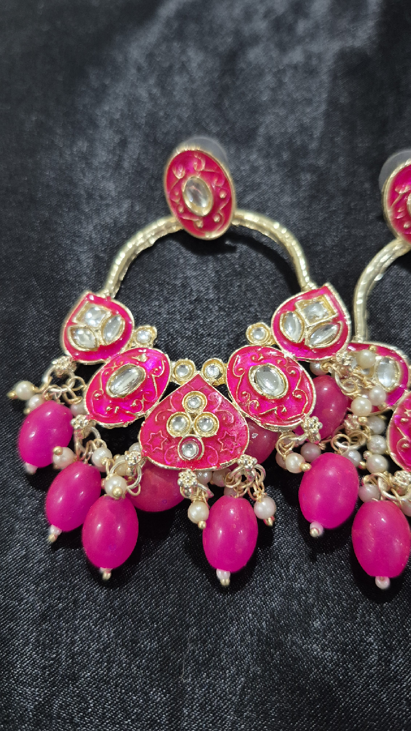 Jhumka & Beaded Hoop Earrings - Gold & Pink