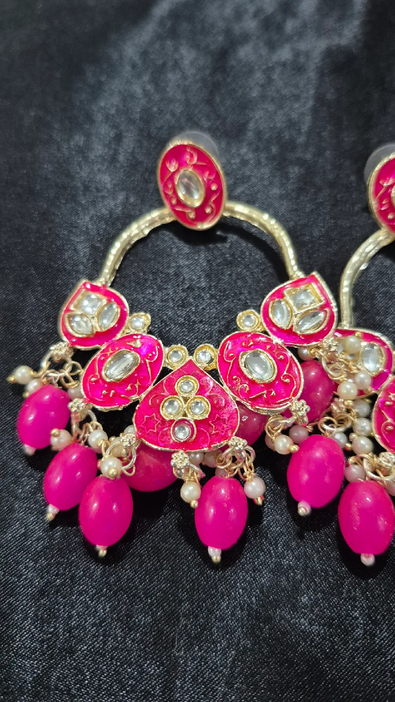 Jhumka & Beaded Hoop Earrings - Gold & Pink thumbnail