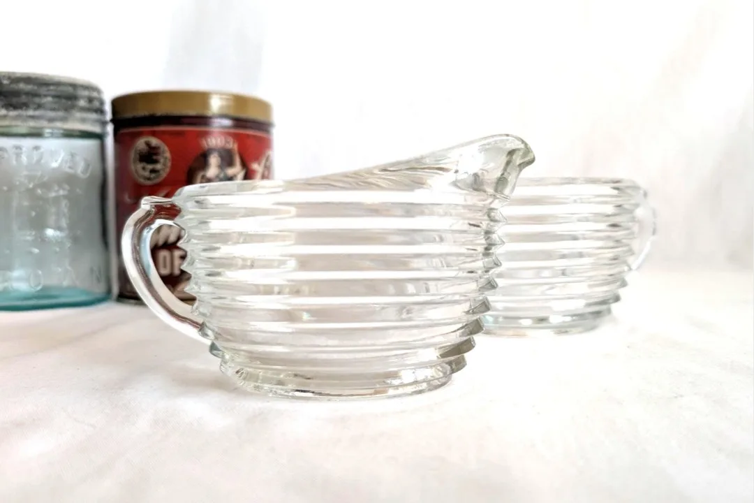 Anchor Hocking 'Manhattan' Ribbed Glass Creamer and Sugar Bowl thumbnail