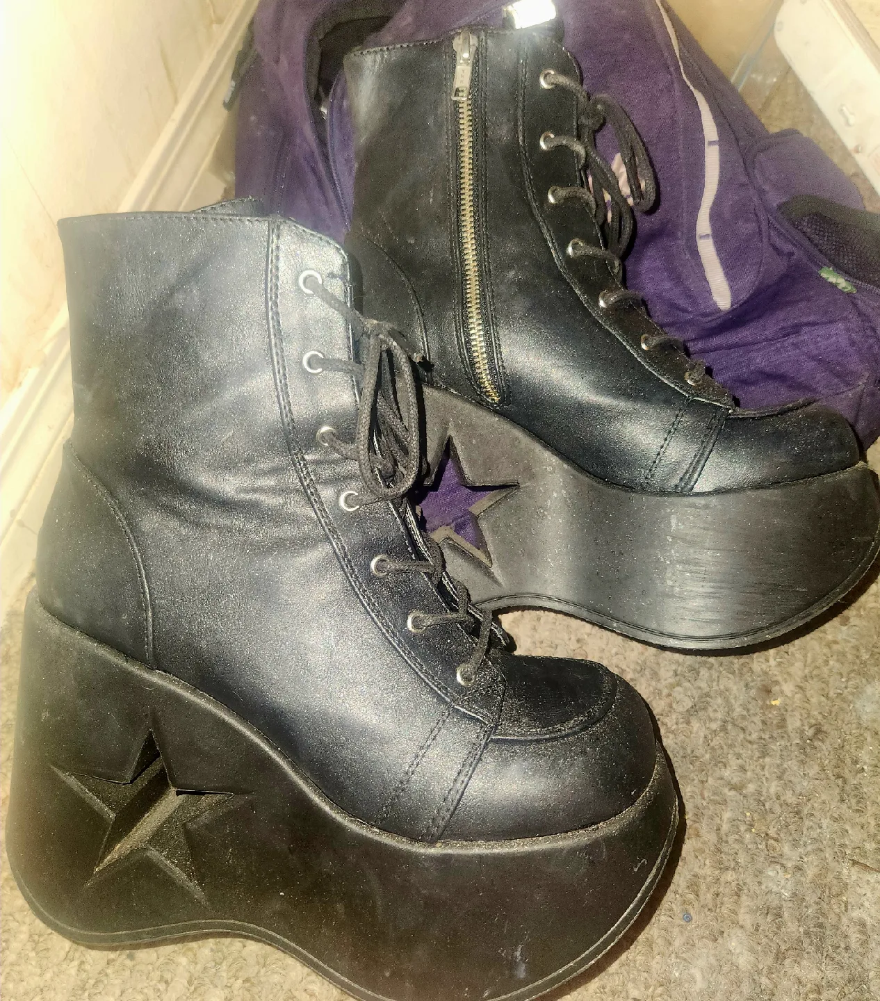 Size 9 Black Platform Leather Boots with Star Cutout thumbnail