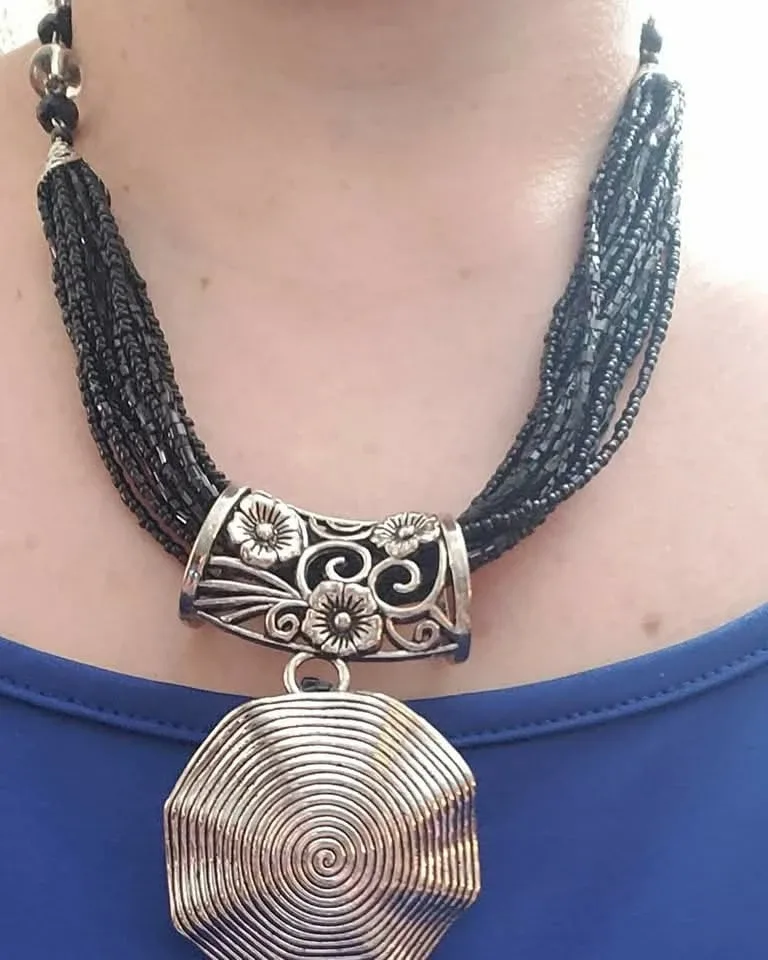 New Black Beaded Necklace with Silver Pendant thumbnail