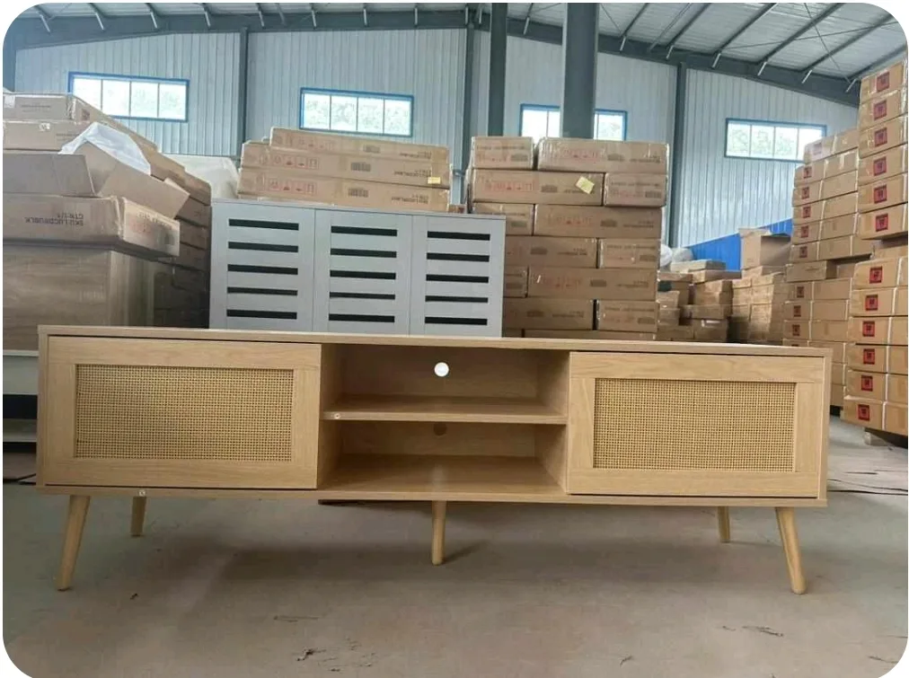 Wooden TV Stand with Rattan Doors warehouse sale thumbnail