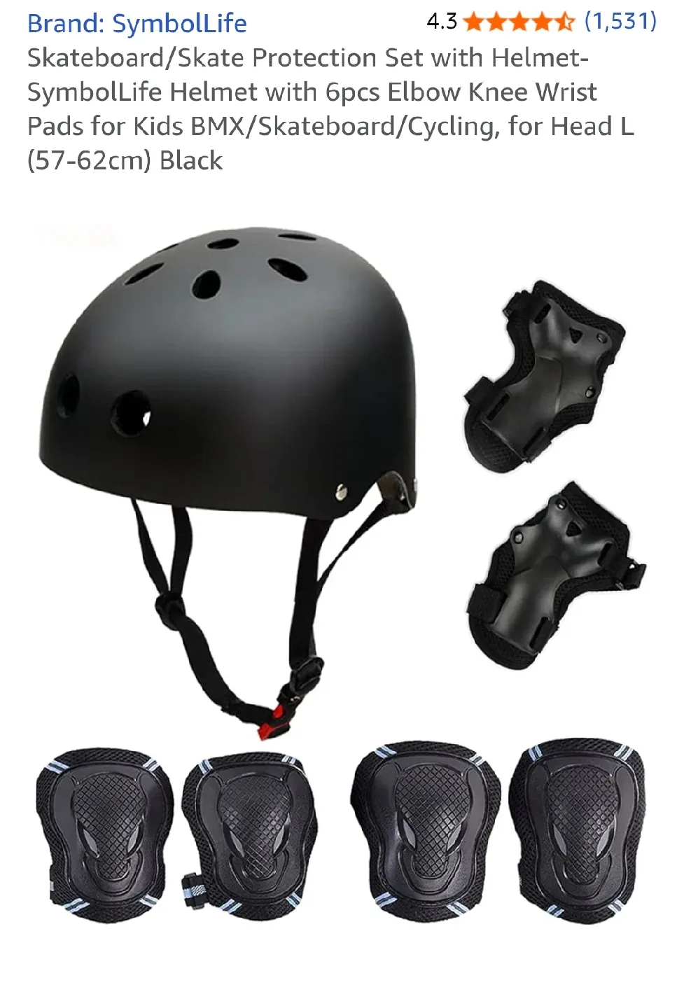 SymbolLife Skateboard/Skate Protection Set with Helmet - Black thumbnail