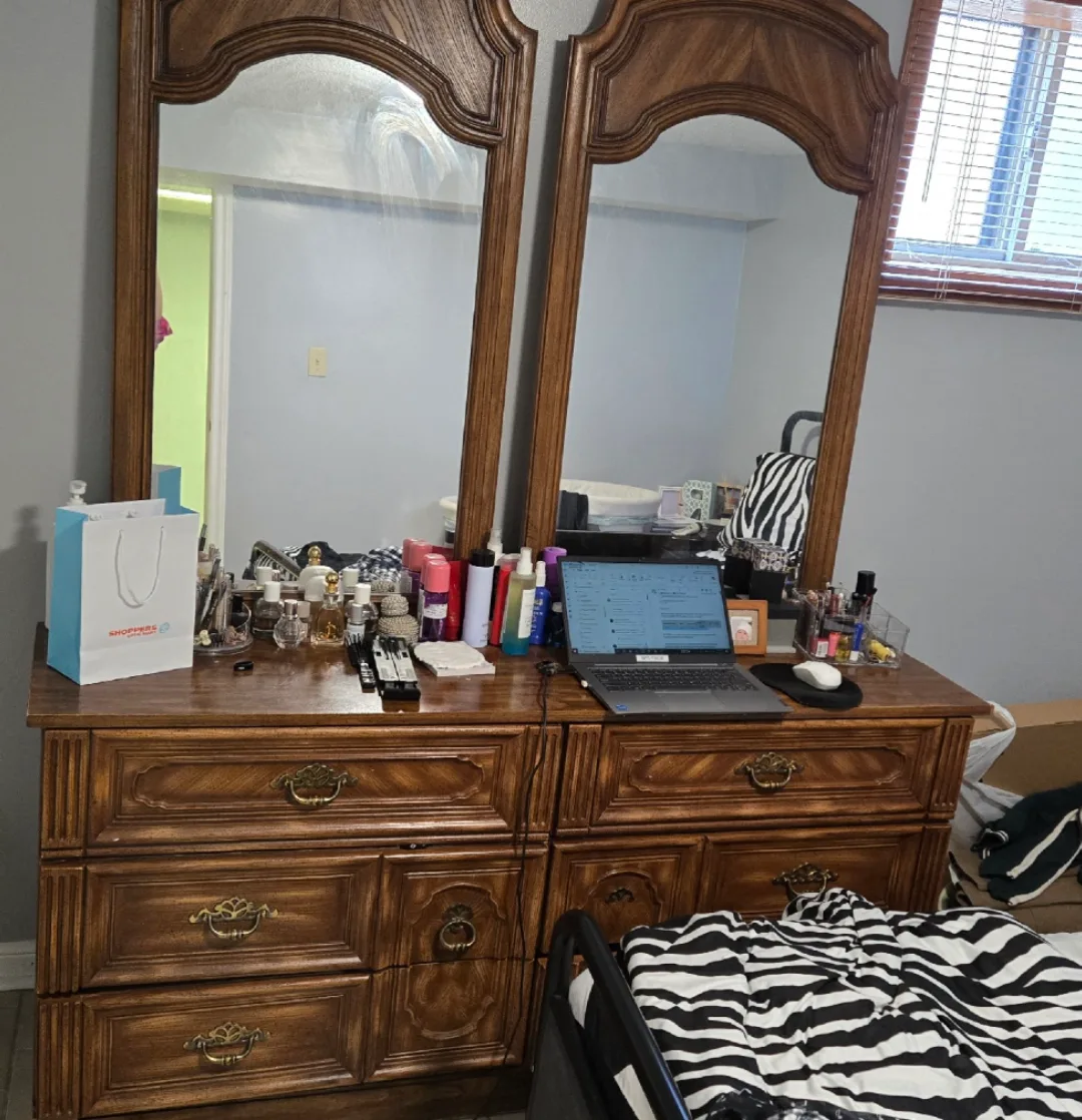 Vintage Wood Dresser with Mirrors thumbnail