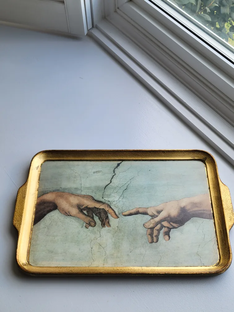 Vintage The Creation of Adam Michangelo Florentine Wood Tray thumbnail