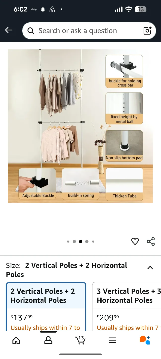 Floor to ceiling Adjustable Clothes Rack - White thumbnail