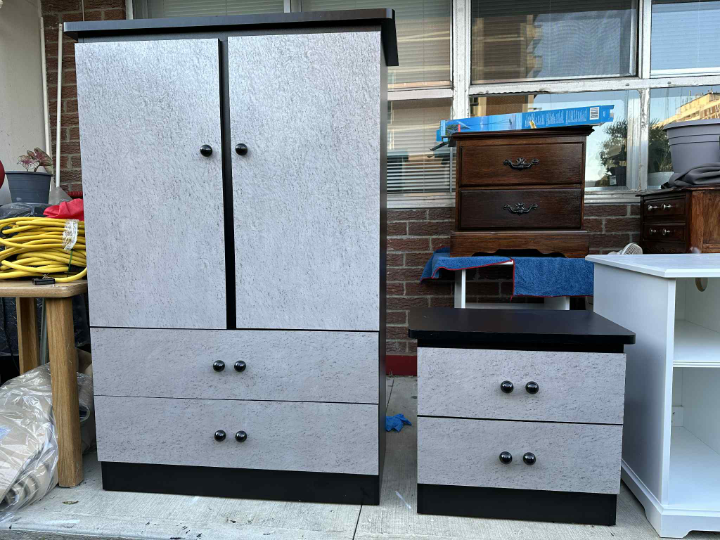Wardrobe and Nightstand Set - Grey & Black