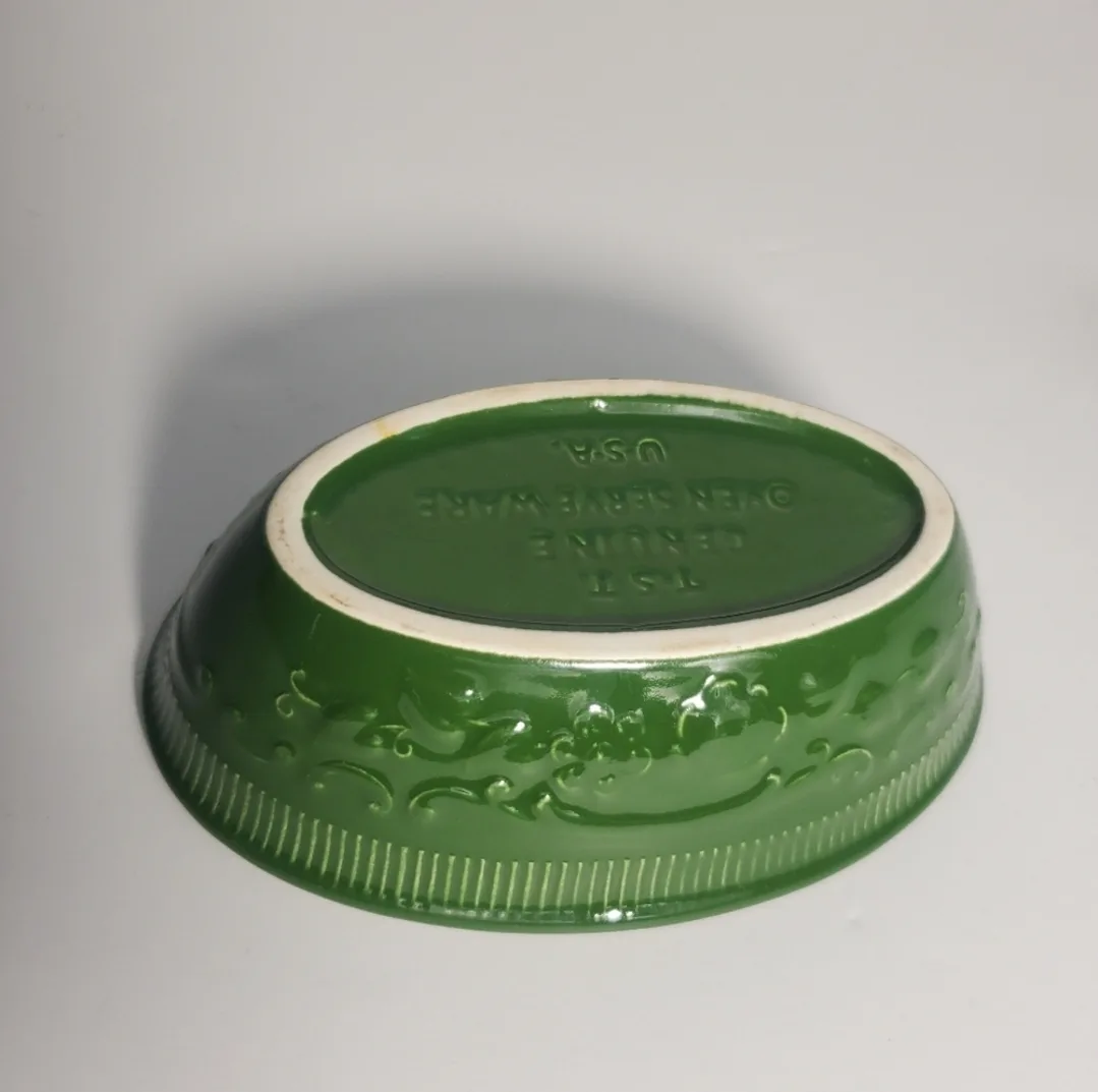 Vintage Genuine Glass Small Green Oval Bowl TST Serving USA image indicator(9)