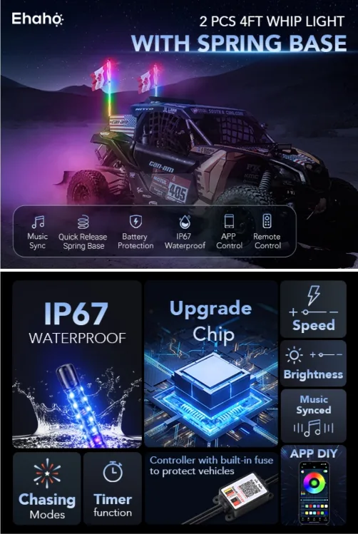 Ehaho 4FT LED Whip Lights (2 Pcs) – Spiral RGB UTV ATV SXS Canam image indicator(7)