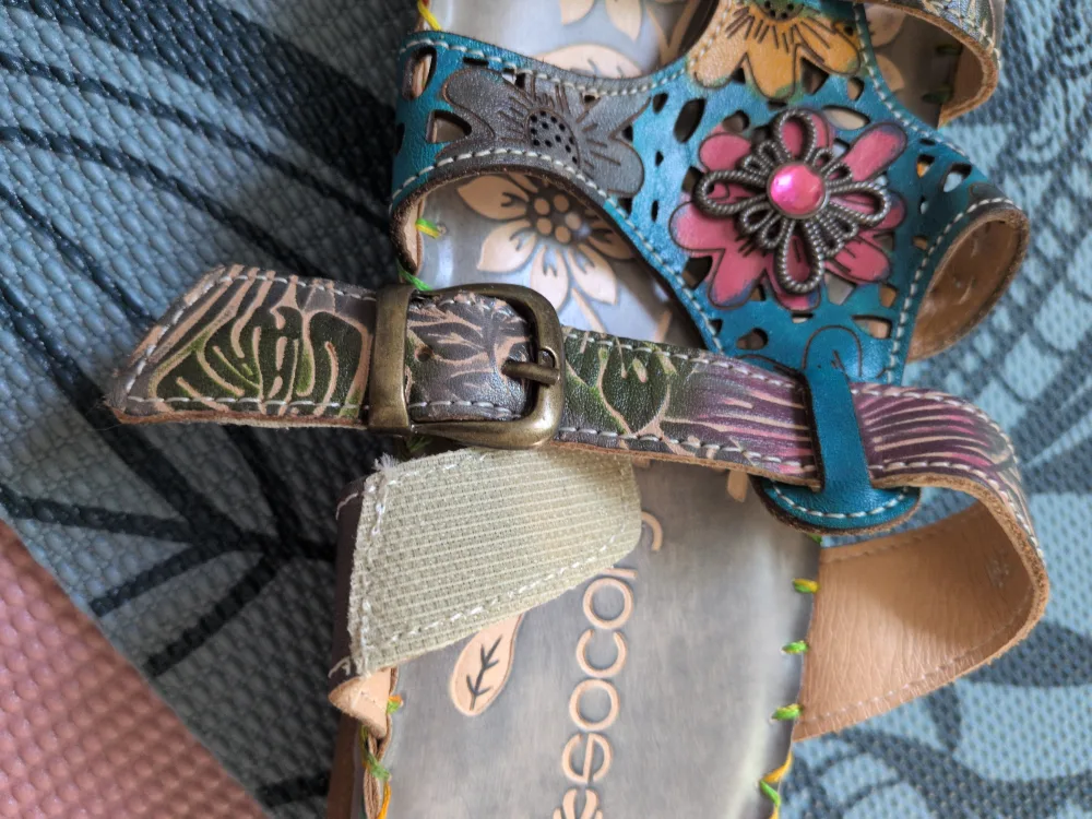 Socofy Floral Leather Sandals Size 8/39 image indicator(4)