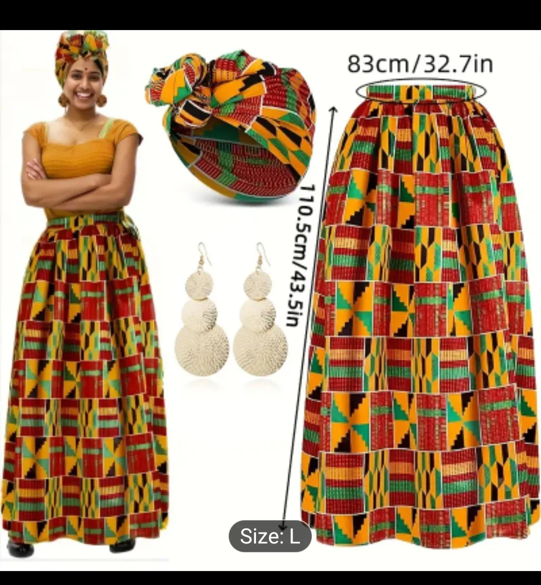 NEW African Print Maxi Skirt, Turban & Earrings set thumbnail