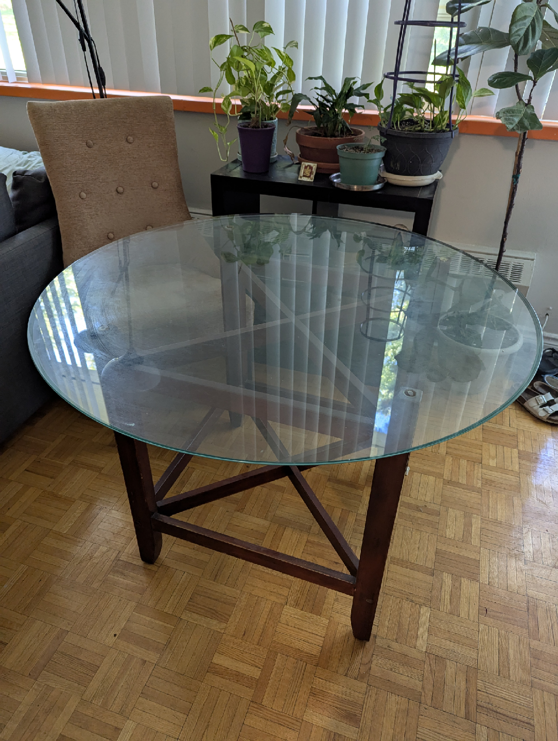 Glass Top Round Dining Table & 2 Upholstered Chairs