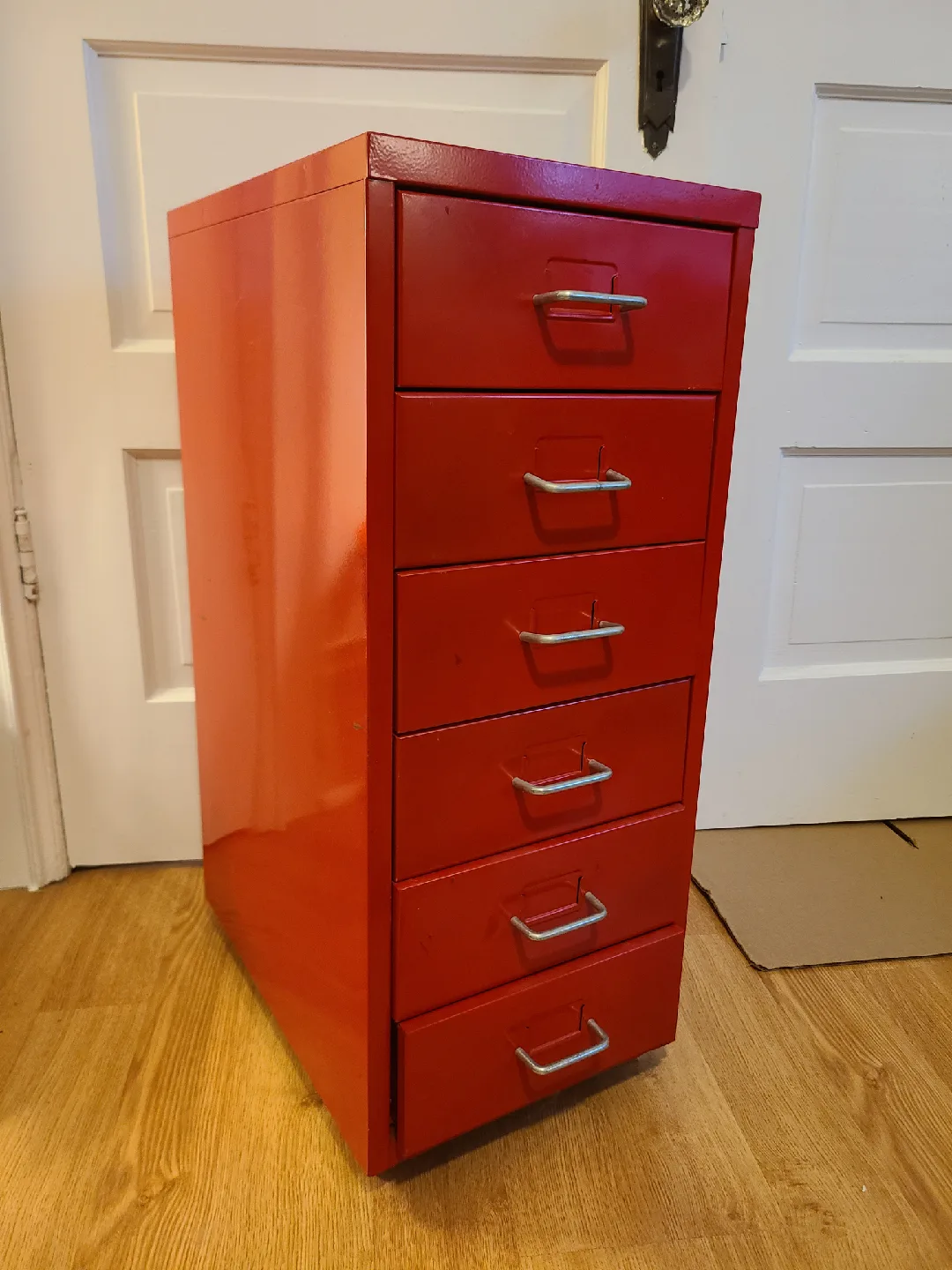 IKEA Helmer Red Metal 6-Drawer Filing Cabinet on casters thumbnail