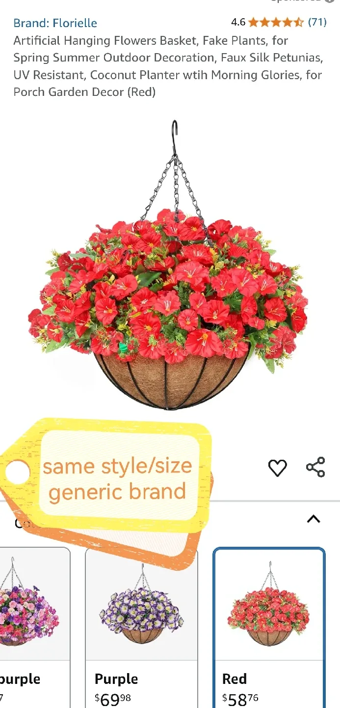 Artificial Hanging Flowers Basket - Red thumbnail
