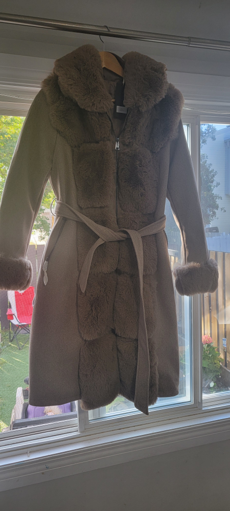 Beige Faux Fur Trimmed Belted Coat