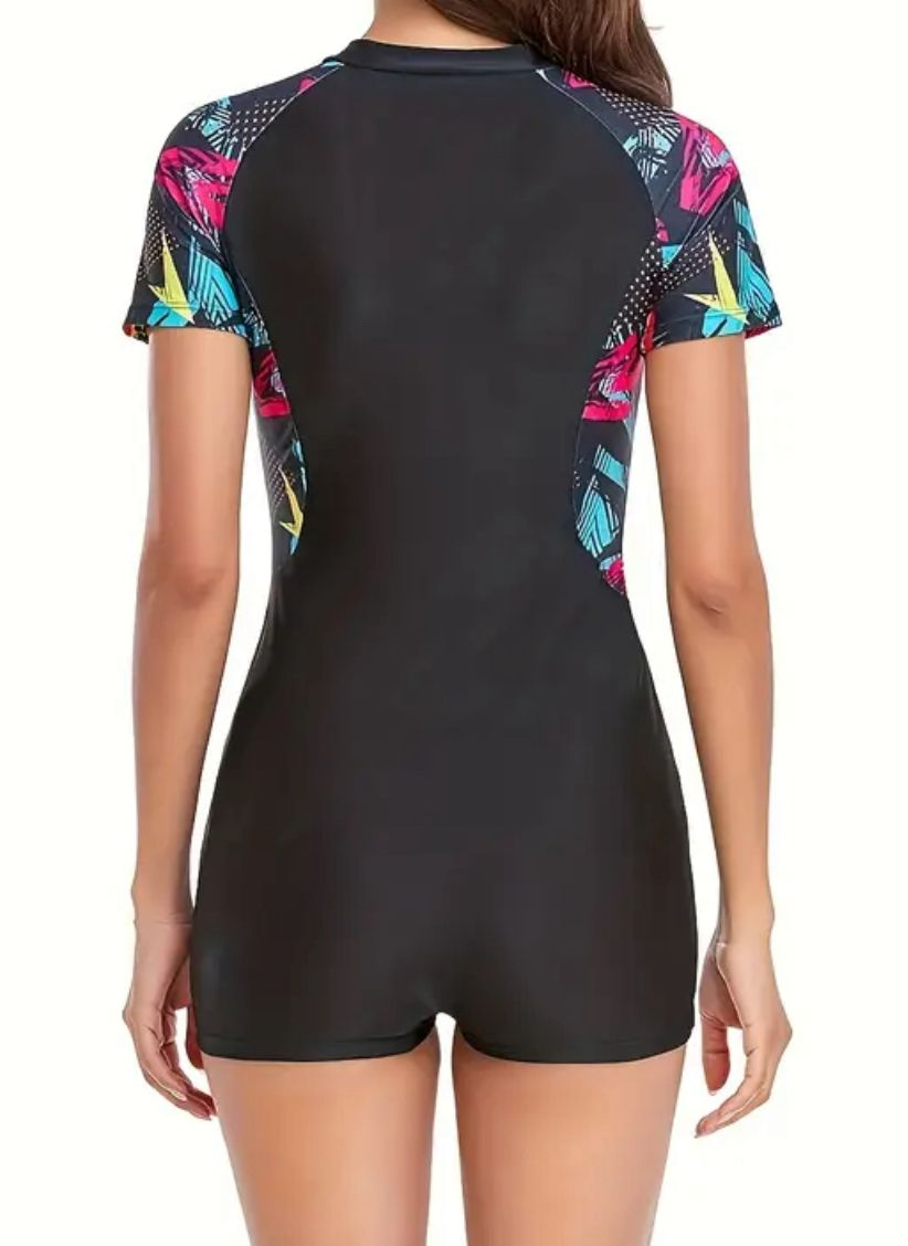 Black Short Sleeve One Piece Swimsuit - photo 2