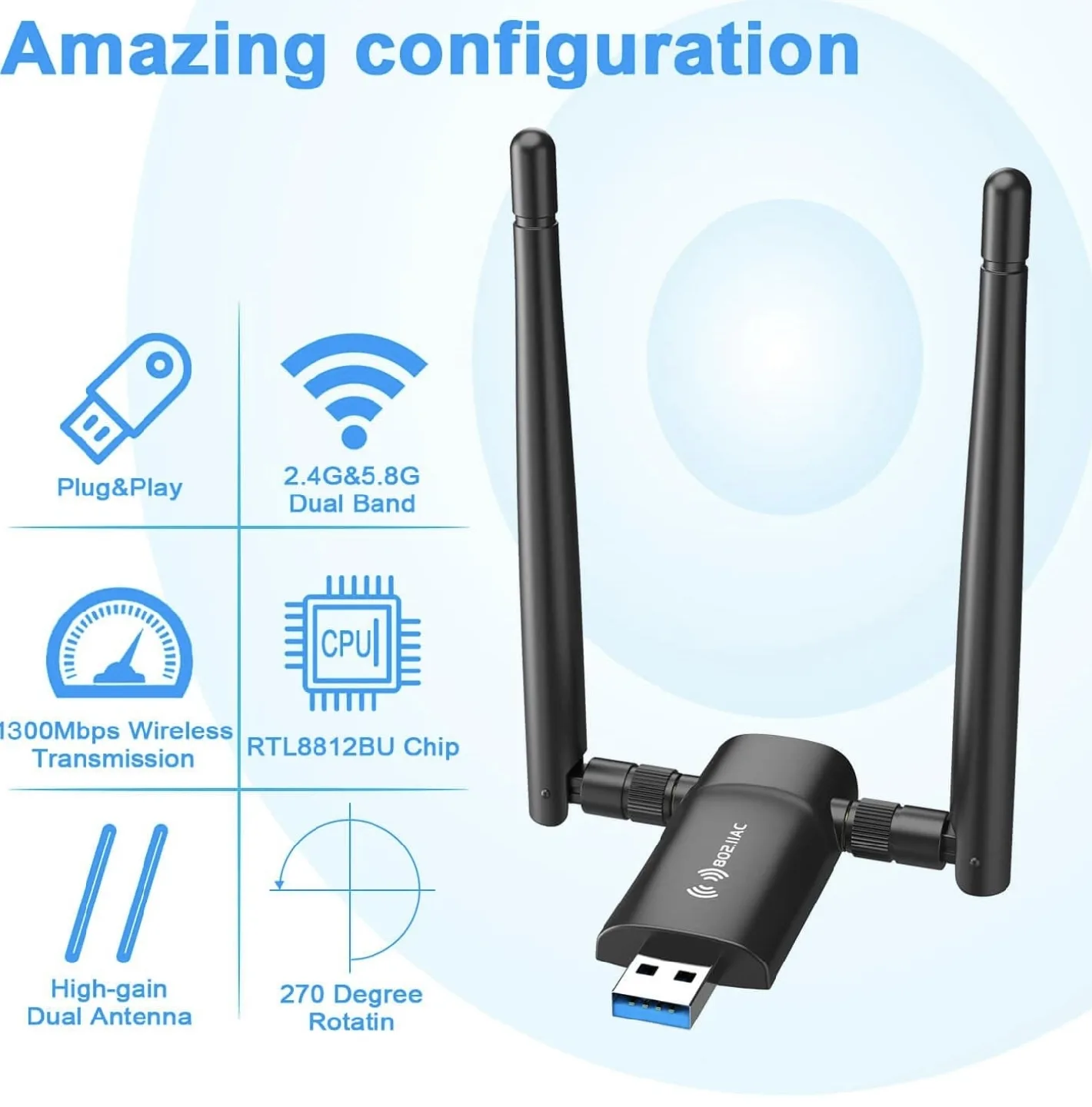 Nineplus 1300Mbps Wireless USB 3.0 WiFi Adapter thumbnail