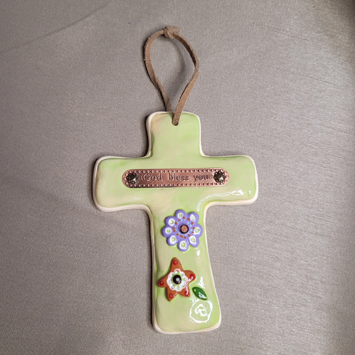 4 1/2" x 3 1/2" Ceramic God Bless You Hanging Cross Figurine thumbnail